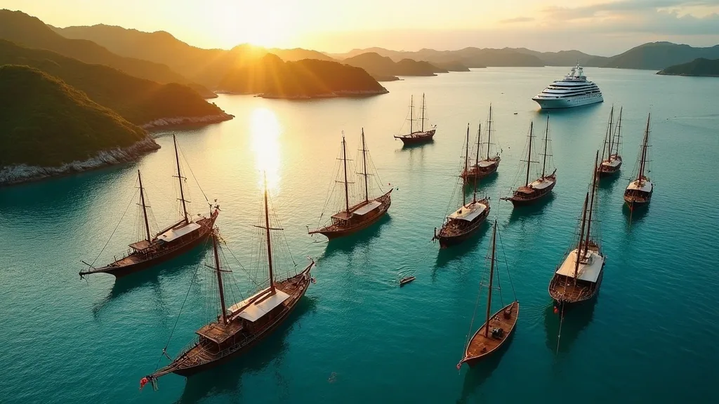 Phinisi boats of different categories at anchor in Labuan Bajo harbour at golden hour, Flores, Indonesia